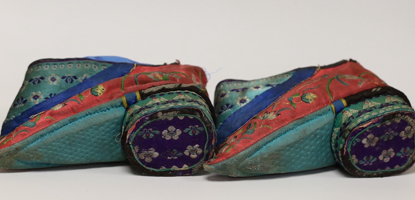 A pair of Chinese silk embroidered ladies shoes, for bound feet, 13cms wide